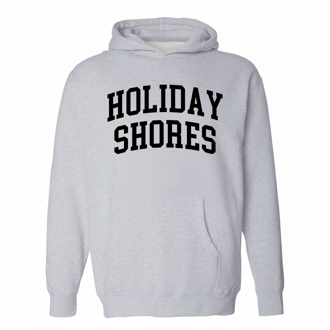 Heather-gray hoodie with the Holiday Shores varsity arched lettering design on the chest.