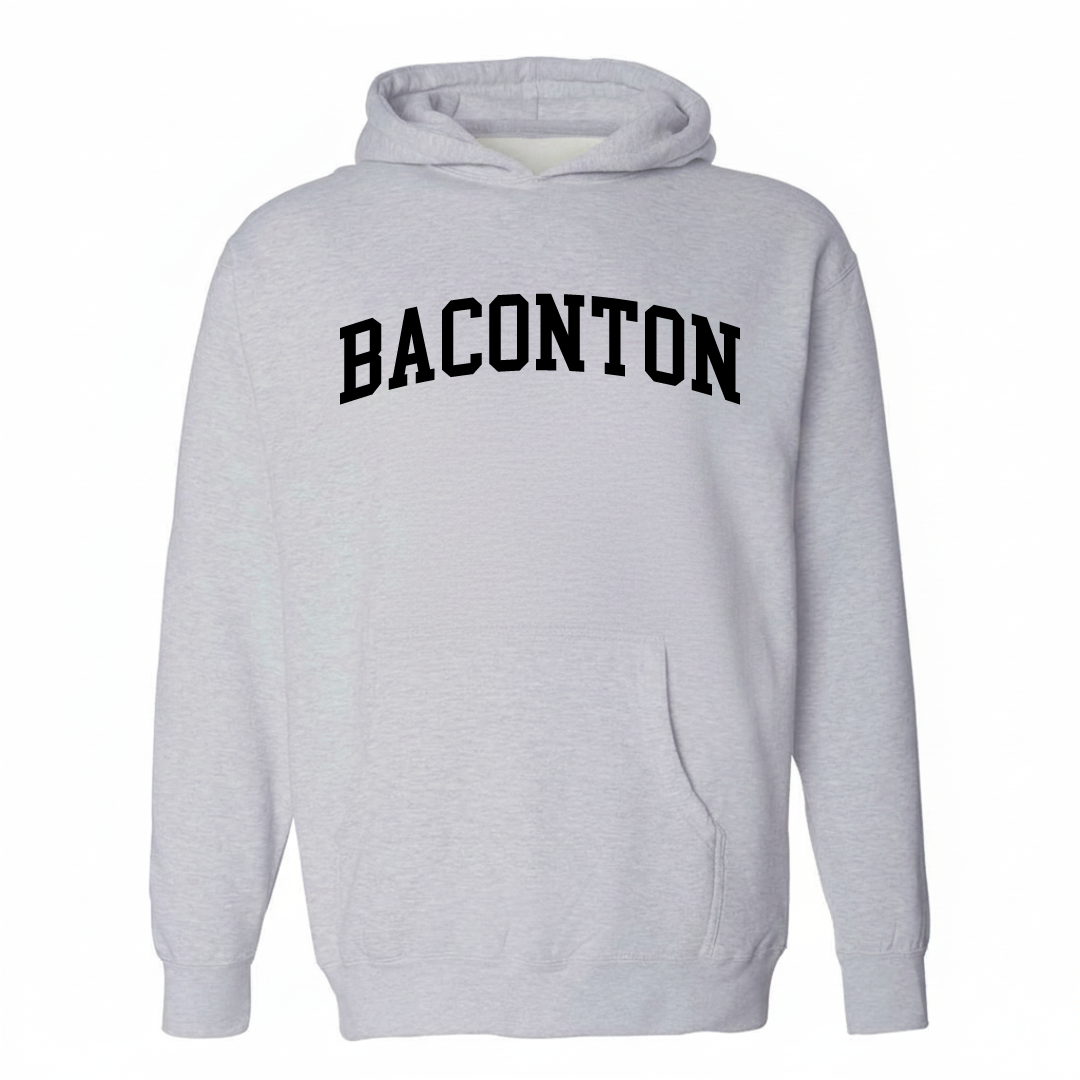 Heather-gray hoodie with the Baconton varsity arched lettering design on the chest.
