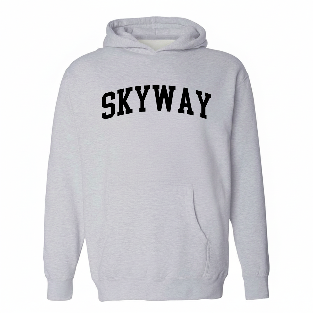 Heather-gray hoodie with the Skyway varsity arched lettering design on the chest.