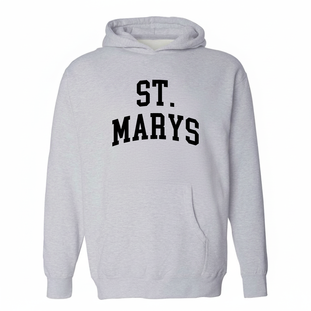 Heather-gray hoodie with the St. Marys arched varsity lettering design on the chest.