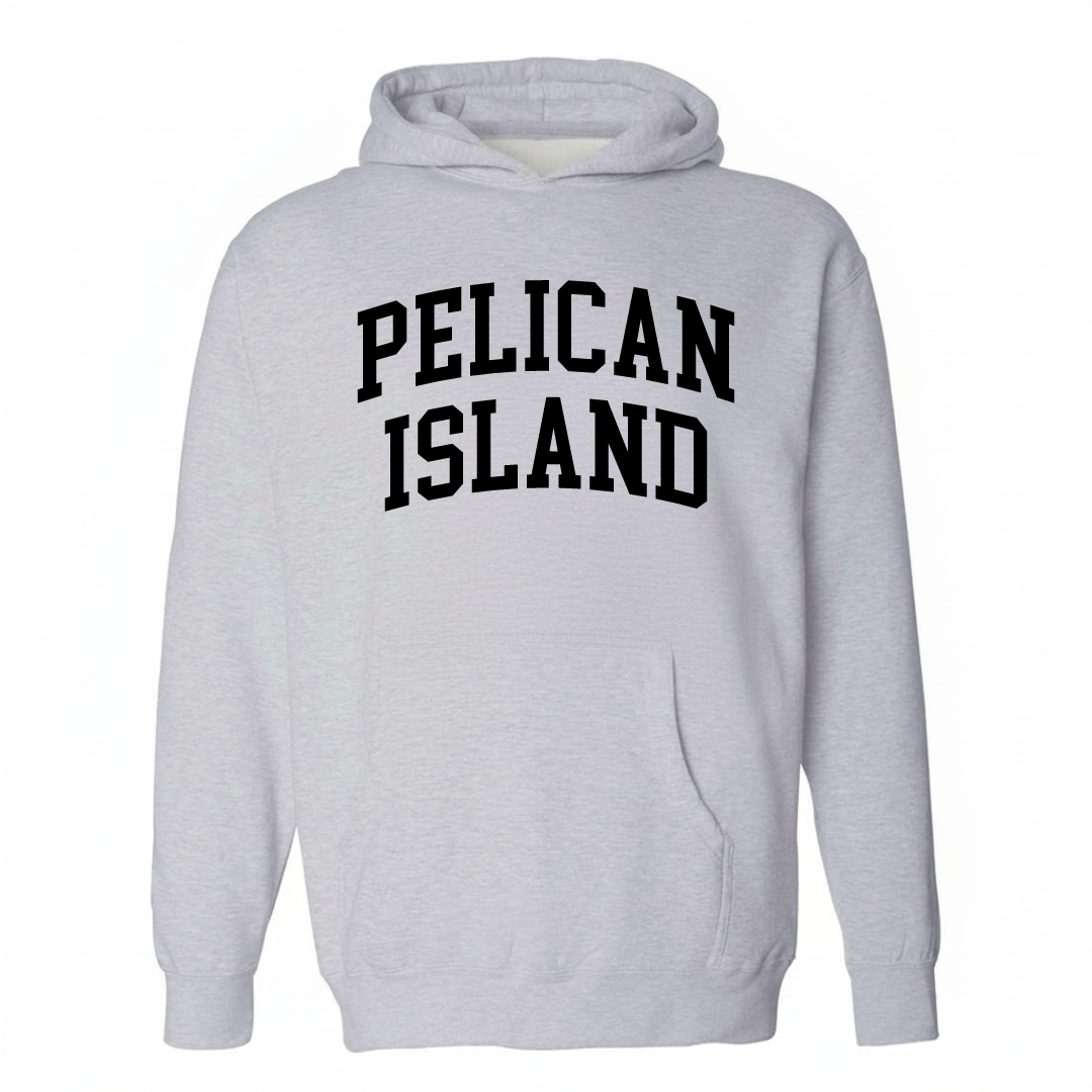 Heather-gray hoodie with the Pelican Island varsity arched lettering design on the chest.