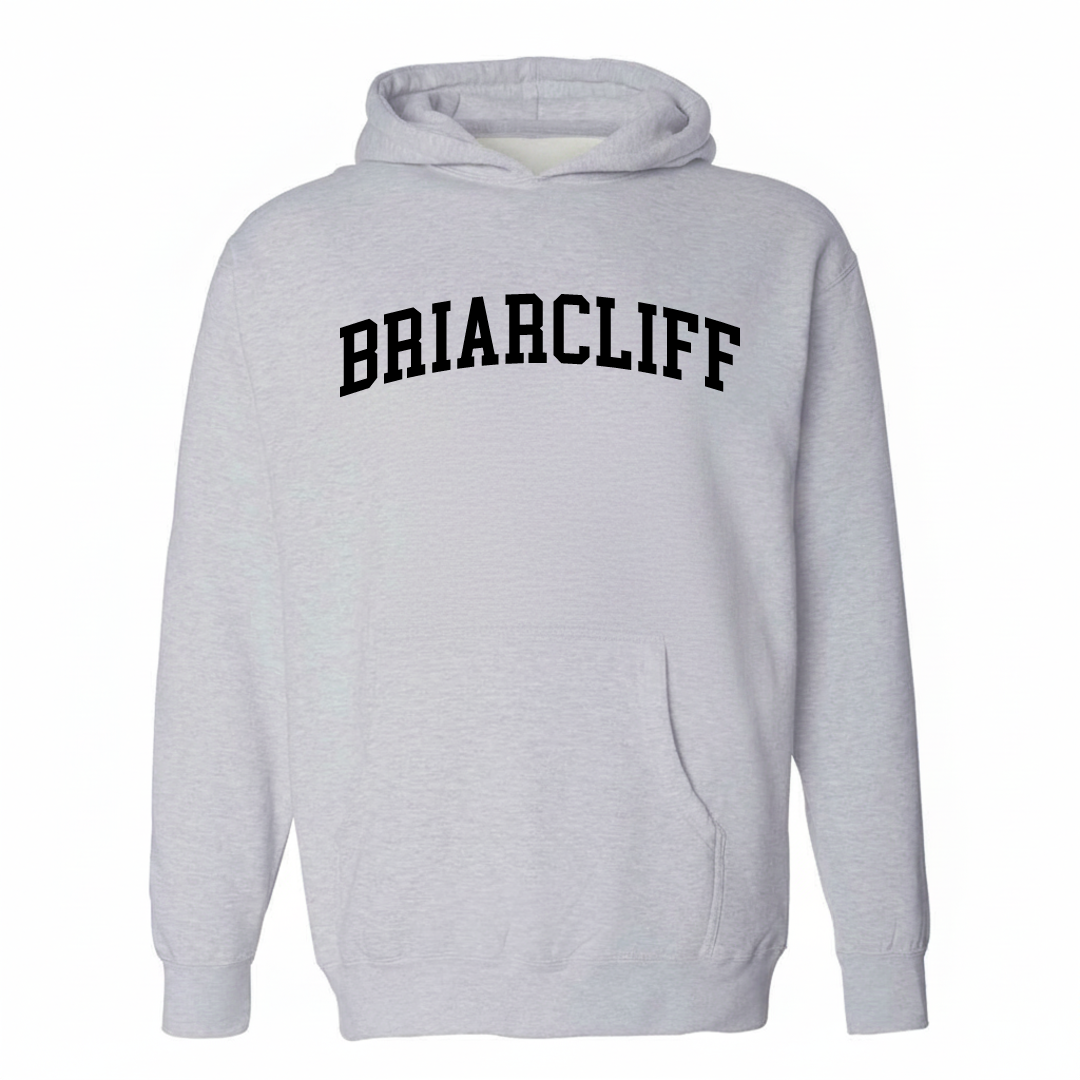 Heather-gray hoodie with the Briarcliff varsity arched lettering design on the chest.