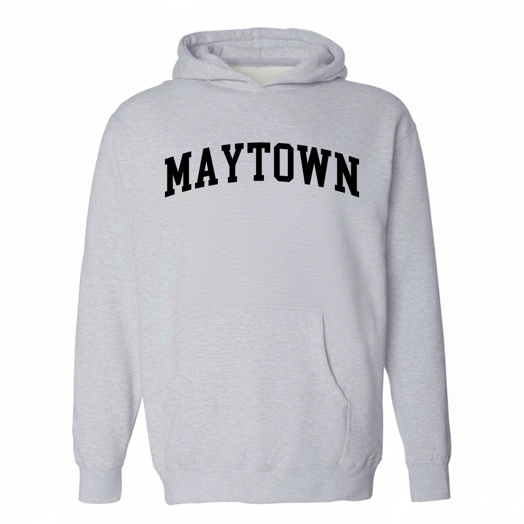 Heather-gray hoodie with the Maytown arched lettering varsity-collegiate design on the chest.