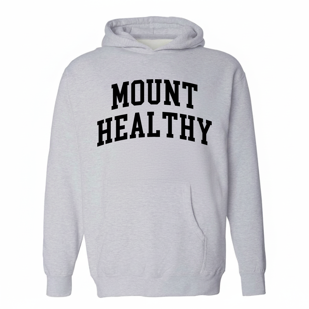 Heather-gray hoodie with the Mount Healthy arched varsity lettering design on the chest.