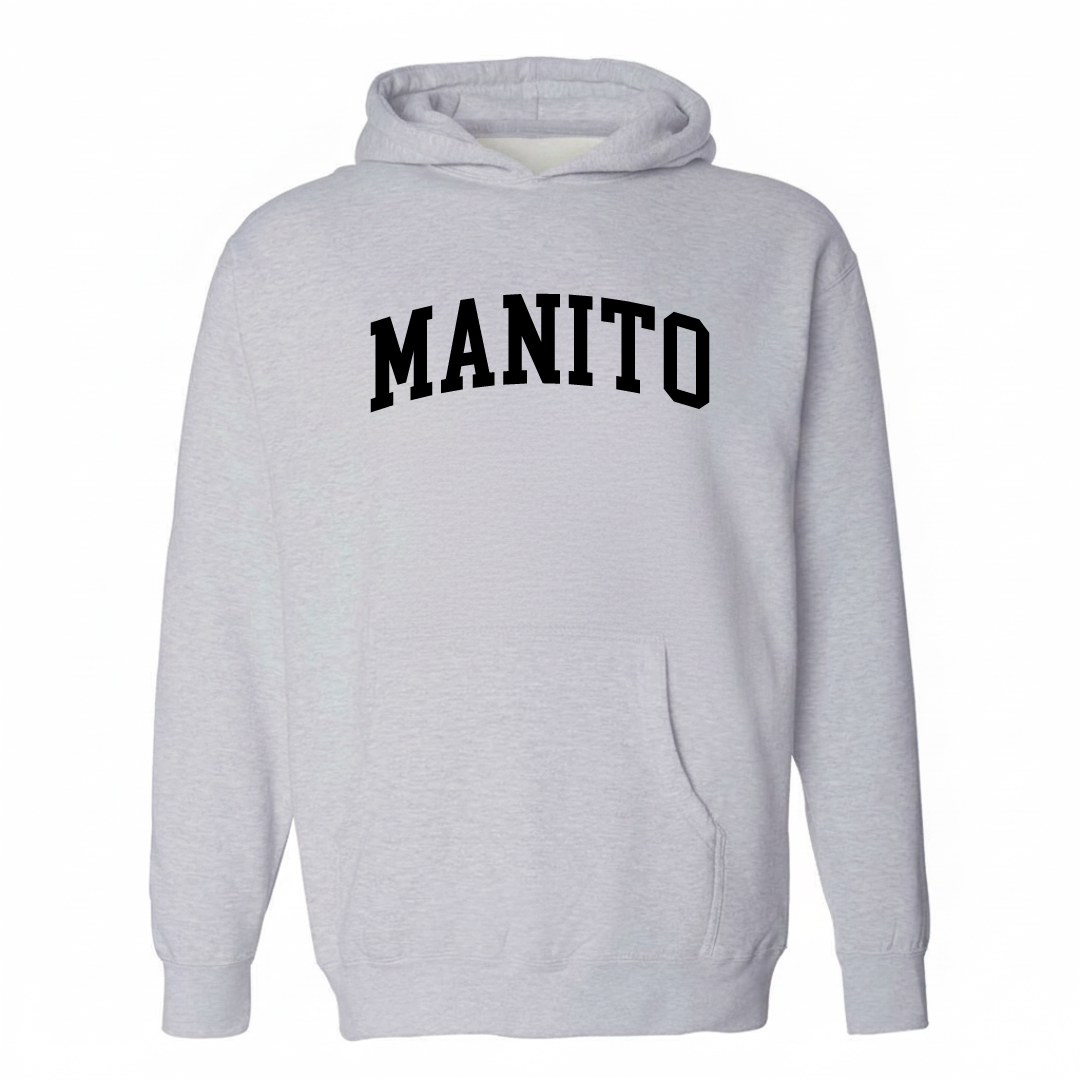 Heather-gray hoodie with the Manito varsity arched lettering design on the chest.