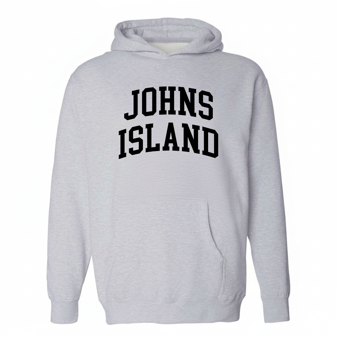 Heather-gray hoodie with the Johns Island arched lettering design on the chest.