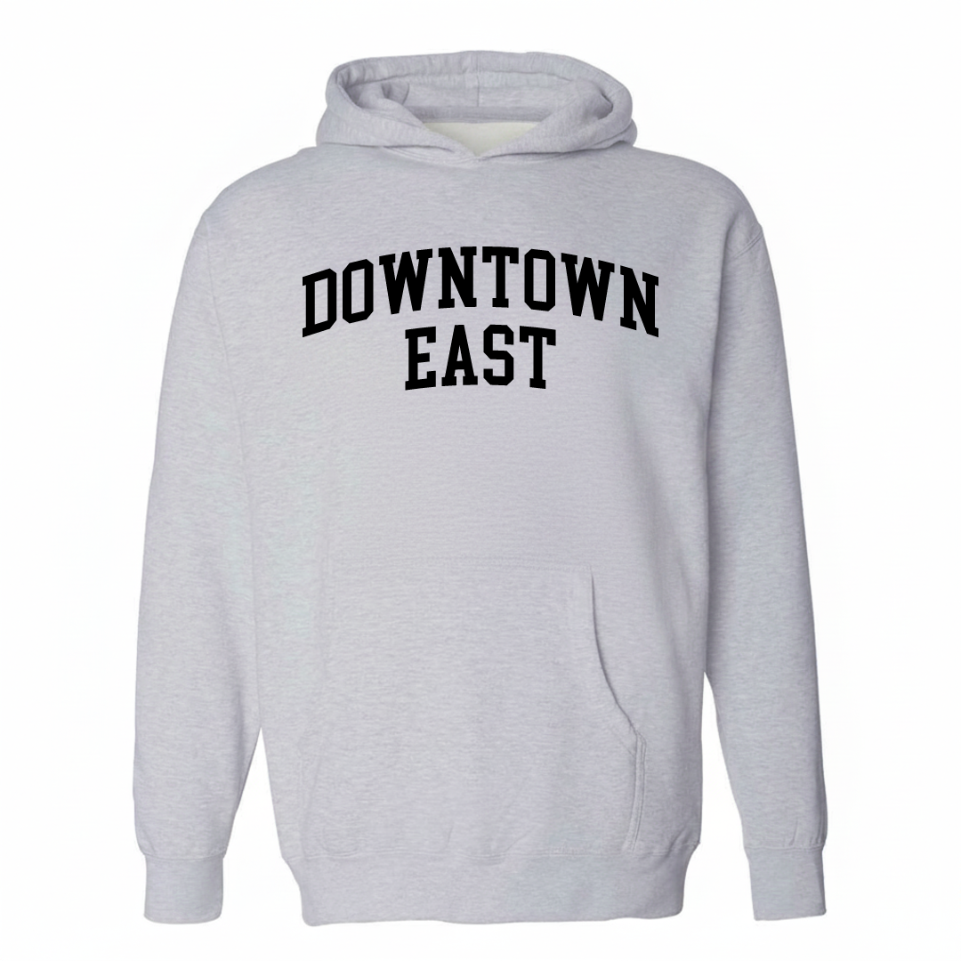 Heather-gray hoodie with the Downtown East Minneapolis varsity arched lettering design on the chest.