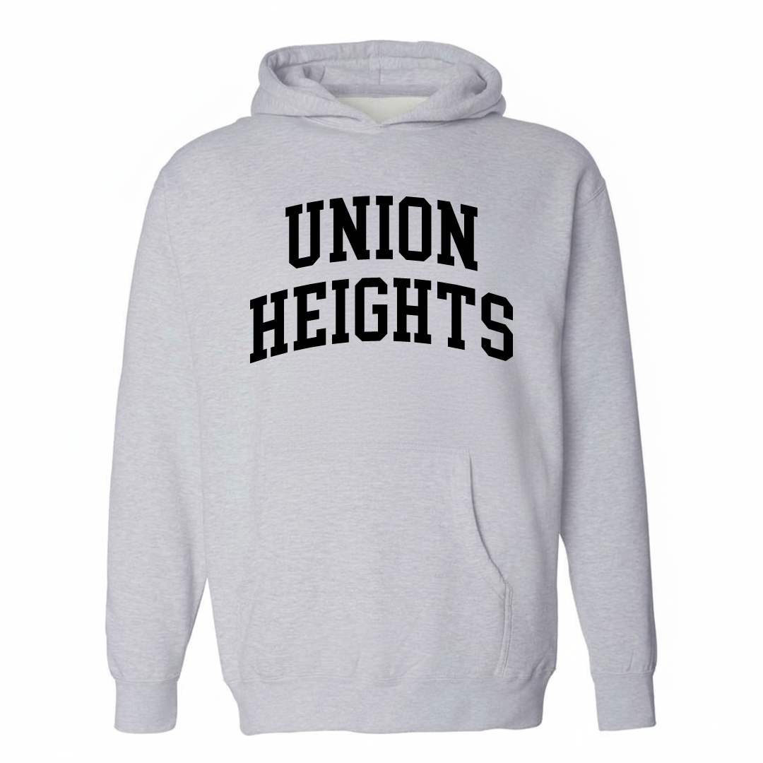 Heather-gray hoodie with the Union Heights varsity arched lettering design on the chest.