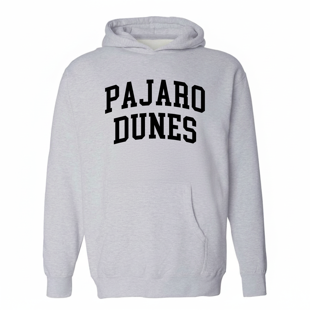 Heather-gray hoodie with the Pajaro Dunes arched lettering design on the chest.
