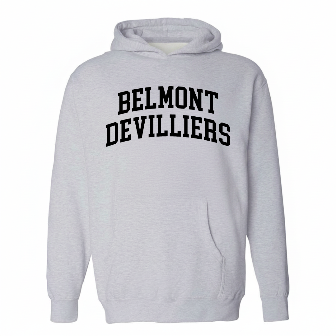 Heather-gray hoodie with the Belmont-DeVilliers varsity arched lettering design on the chest.