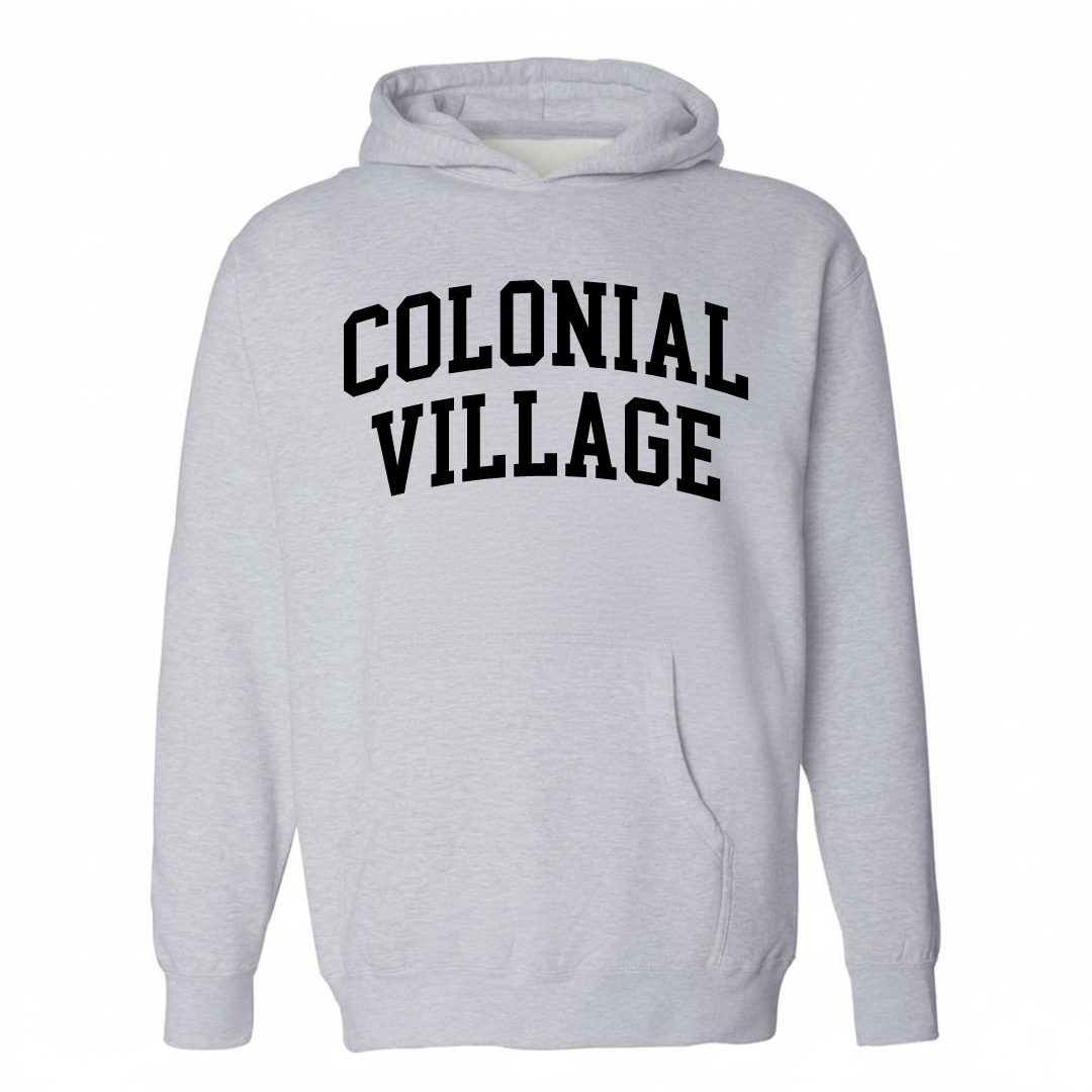 Heather-gray hoodie with the Colonial Village varsity arched lettering design on the chest.