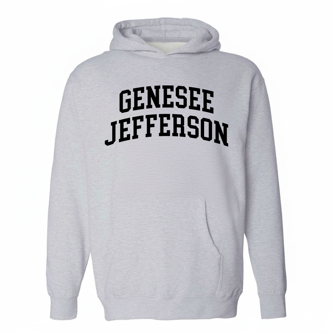 Heather-gray hoodie with the Genesee-Jefferson varsity arched lettering design on the chest.