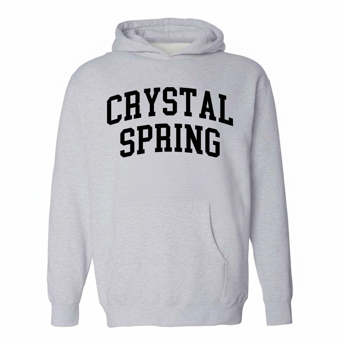 Heather-gray hoodie with the Crystal Spring varsity arched lettering design on the chest.