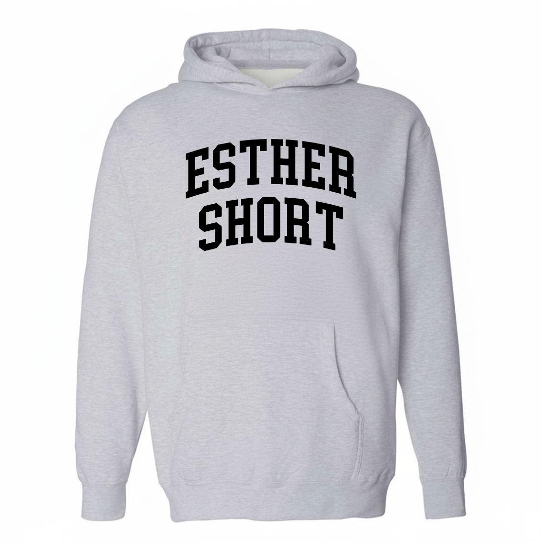 Heather-gray hoodie with the Esther Short arched lettering design on the chest.