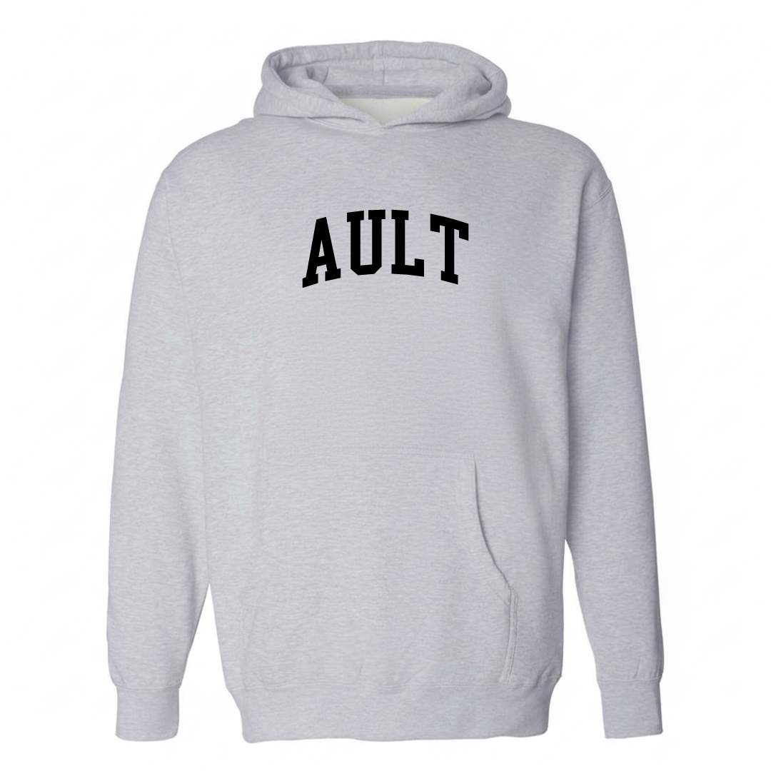 Heather-gray hoodie with the Ault arched lettering varsity-collegiate design on the chest.