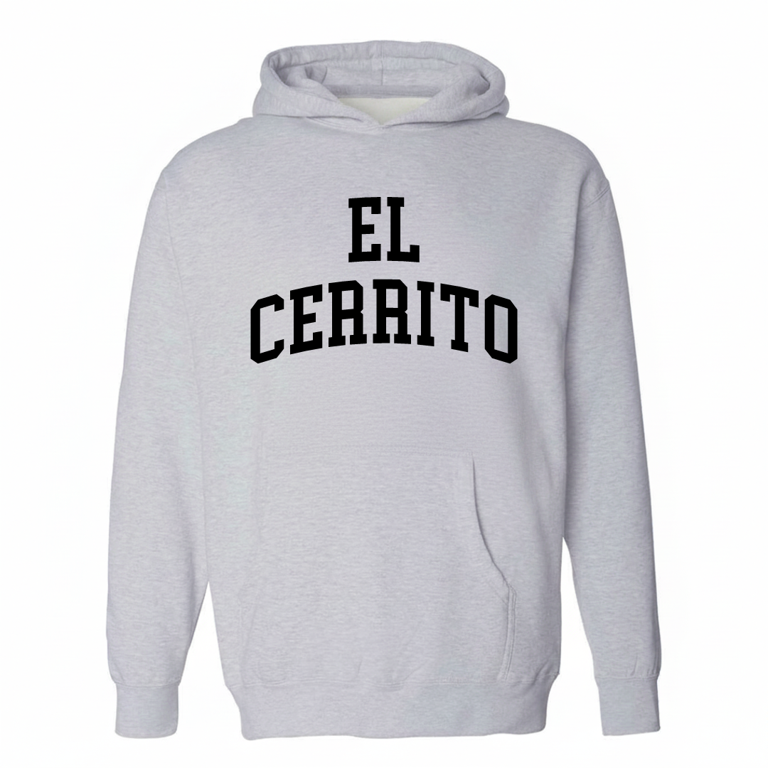 Heather-gray hoodie with the El Cerrito arched lettering varsity design on the chest.