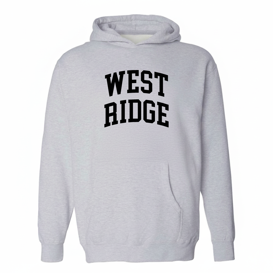 Heather-gray hoodie with the West Ridge arched varsity lettering design on the chest.