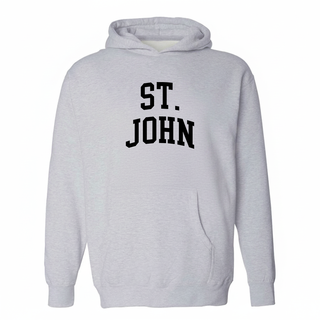Heather-gray hoodie with the St. John arched lettering varsity-collegiate design on the chest.