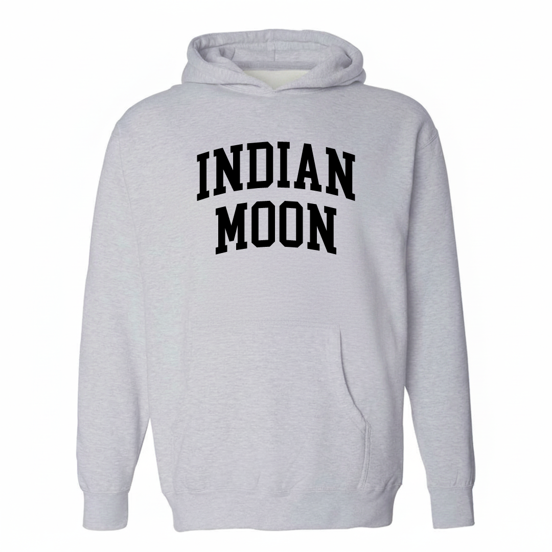 Heather-gray hoodie with the Indian Moon arched lettering varsity-collegiate design on the chest.
