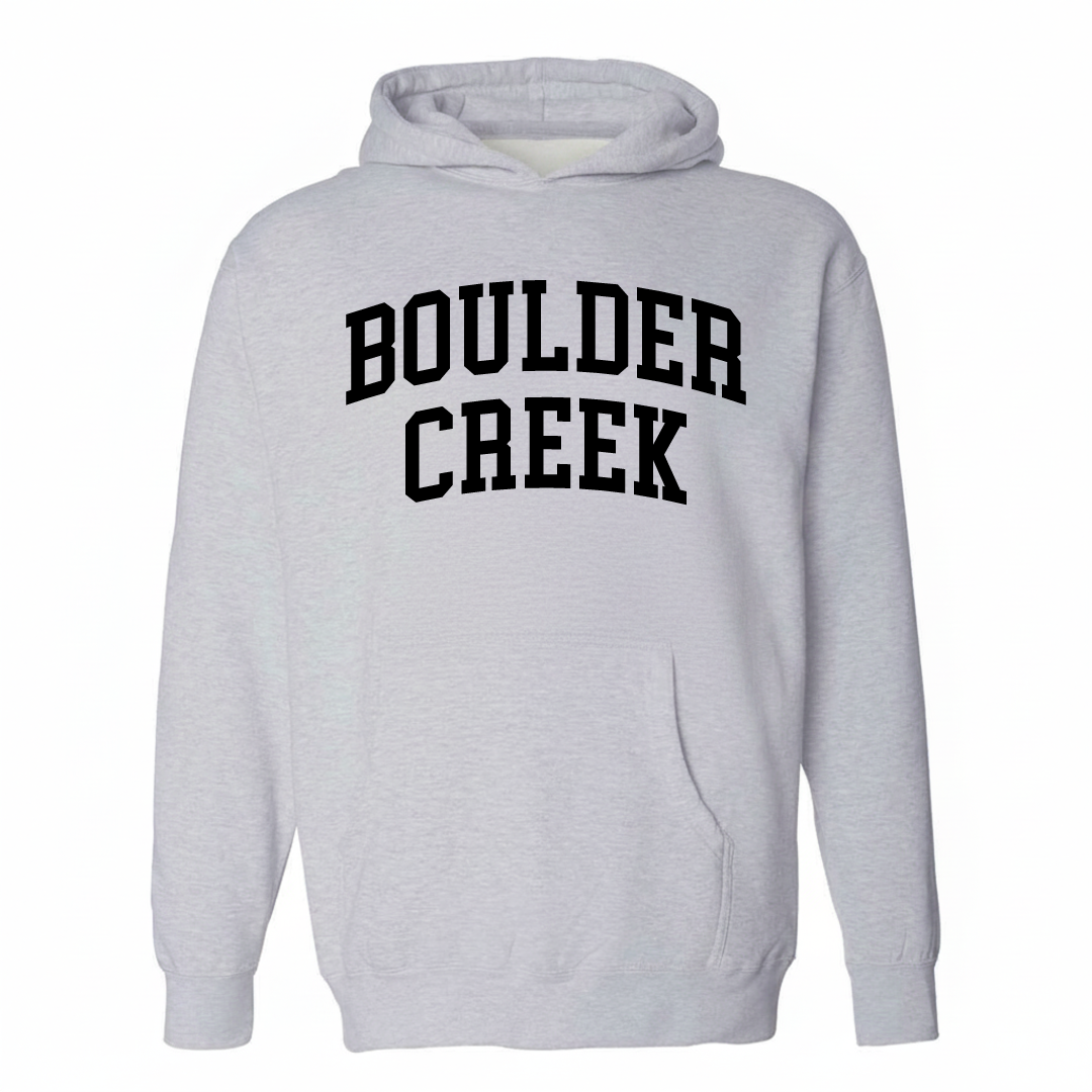 Heather-gray hoodie with the Boulder Creek arched varsity lettering design on the chest.