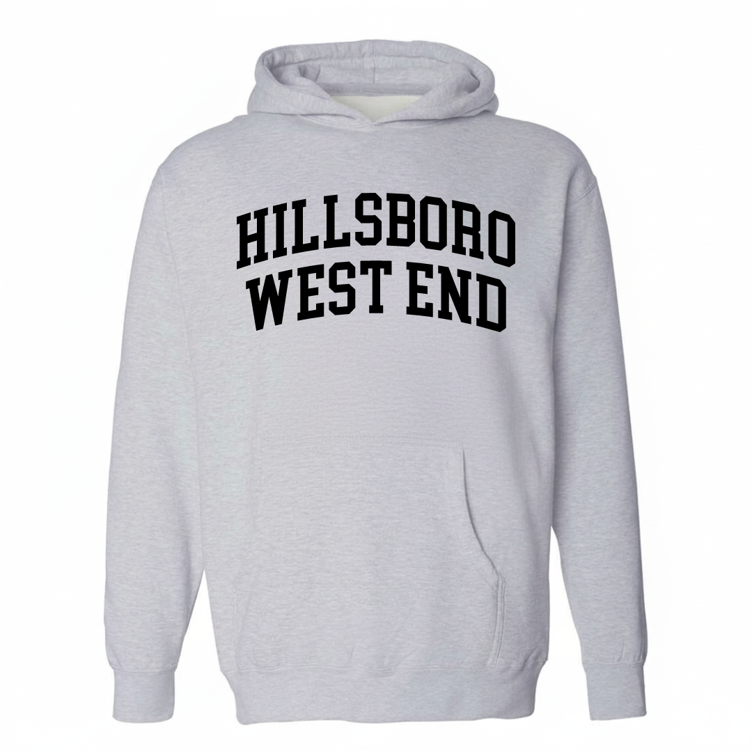 Heather-gray hoodie with the Hillsboro-West End varsity arched lettering design on the chest.