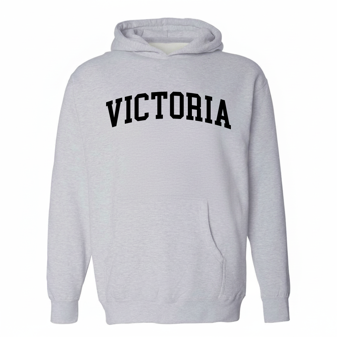 Heather-gray hoodie with the Victoria, VA varsity arched lettering design on the chest.