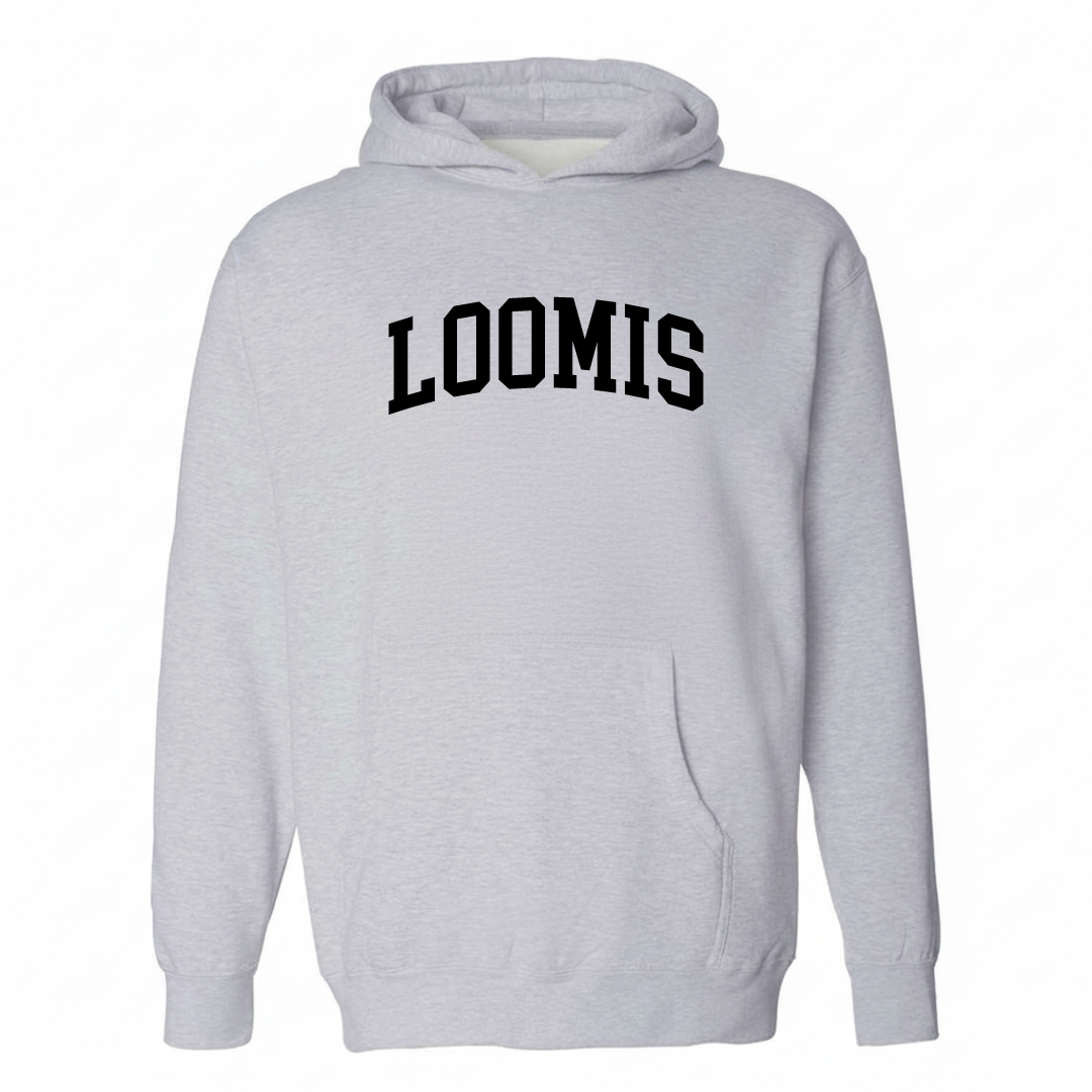Heather-gray hoodie with the Loomis varsity arched lettering design on the chest.