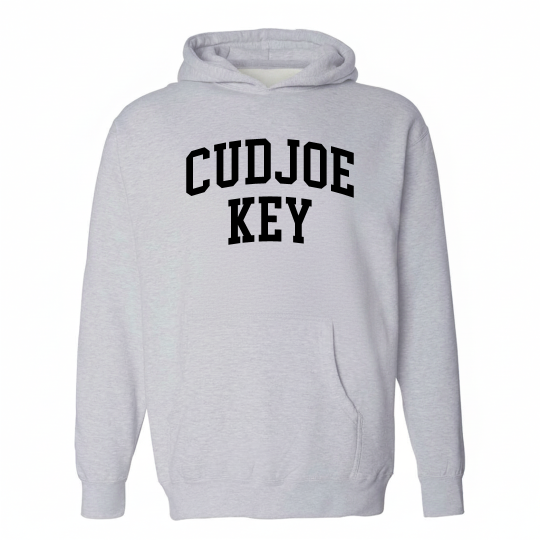 Heather-gray hoodie with the Cudjoe Key varsity arched lettering design on the chest.