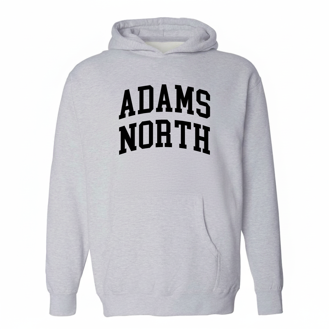 Heather-gray hoodie with the Adams North varsity arched lettering design on the chest.