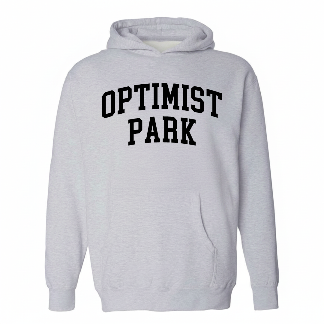 Heather-gray hoodie with the Optimist Park arched varsity lettering design on the chest.