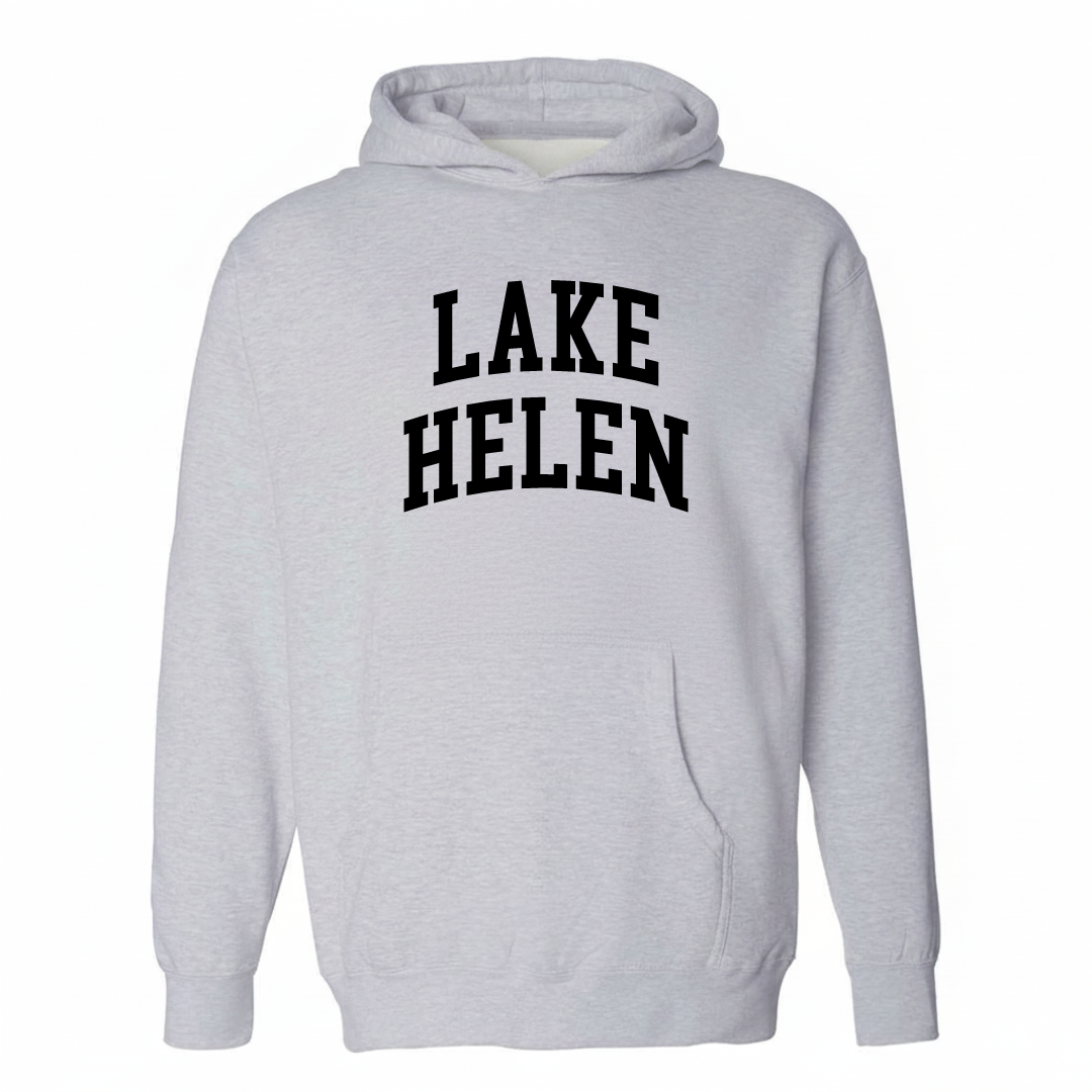 Heather-gray hoodie with the Lake Helen arched lettering varsity-collegiate design on the chest.