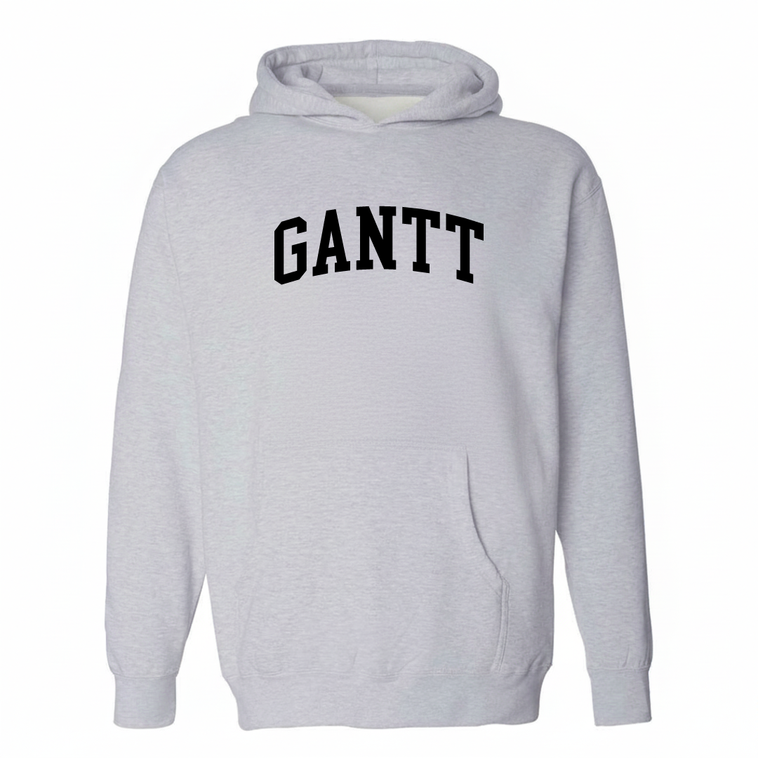 Heather-gray hoodie with the Gantt varsity arched lettering design on the chest.