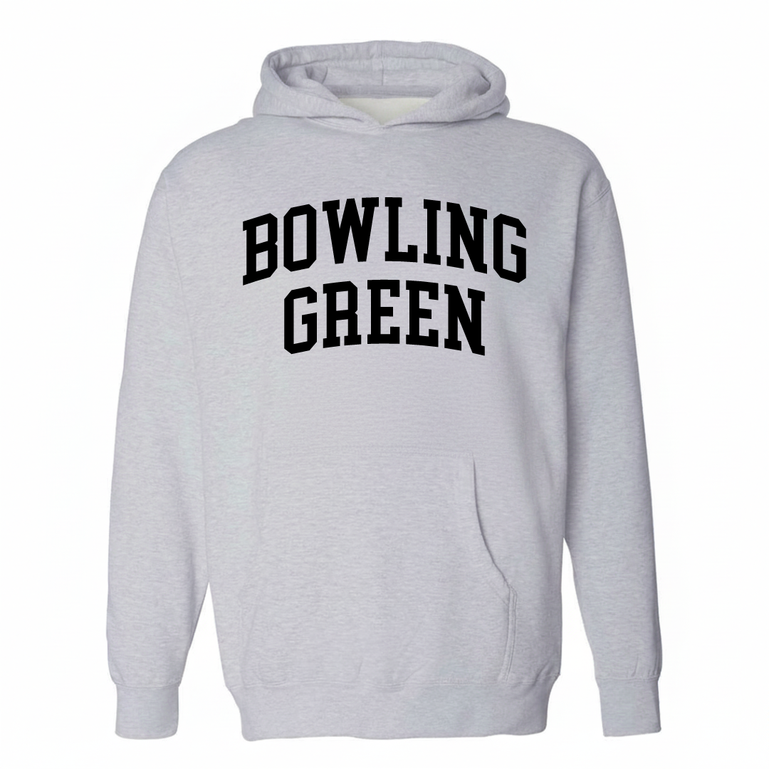 Heather-gray hoodie with the Bowling Green varsity arched lettering design on the chest.
