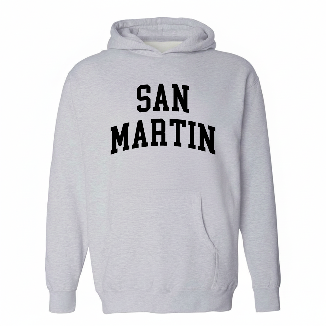Heather-gray hoodie with the San Martin arched lettering design on the chest.