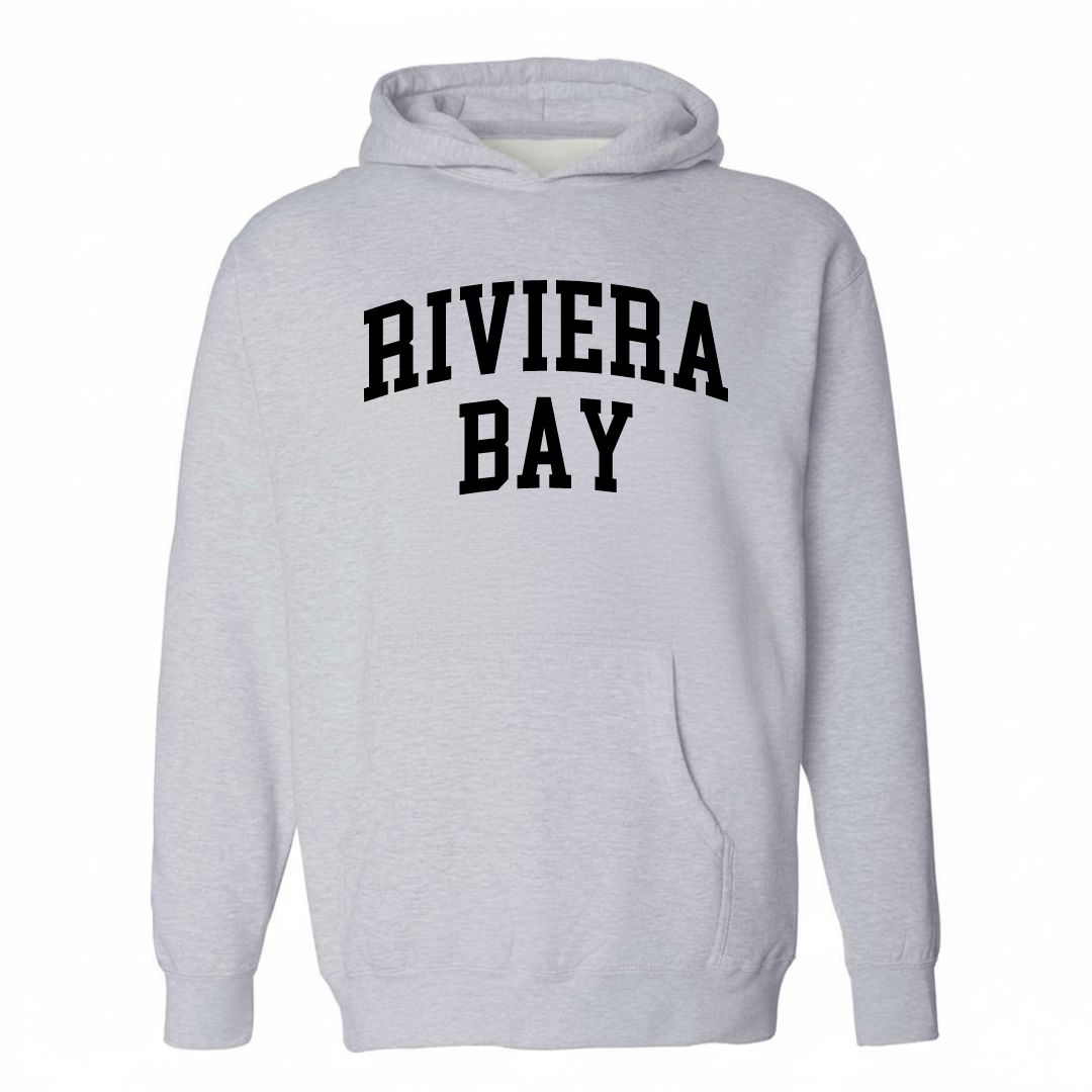 Heather-gray hoodie with the Riviera Bay varsity arched lettering design on the chest.