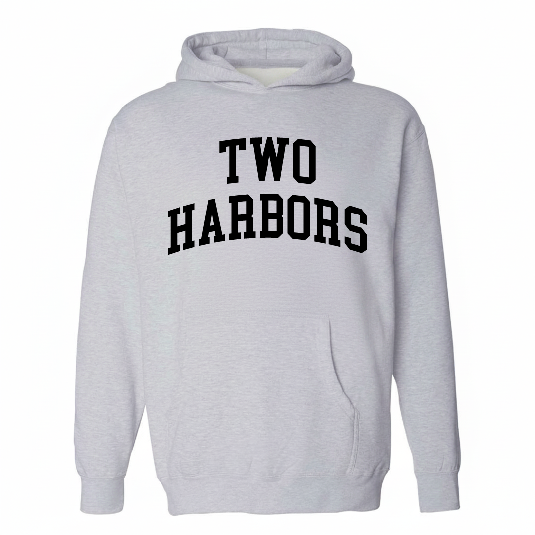 Heather-gray hoodie with the Two Harbors varsity arched lettering design on the chest.