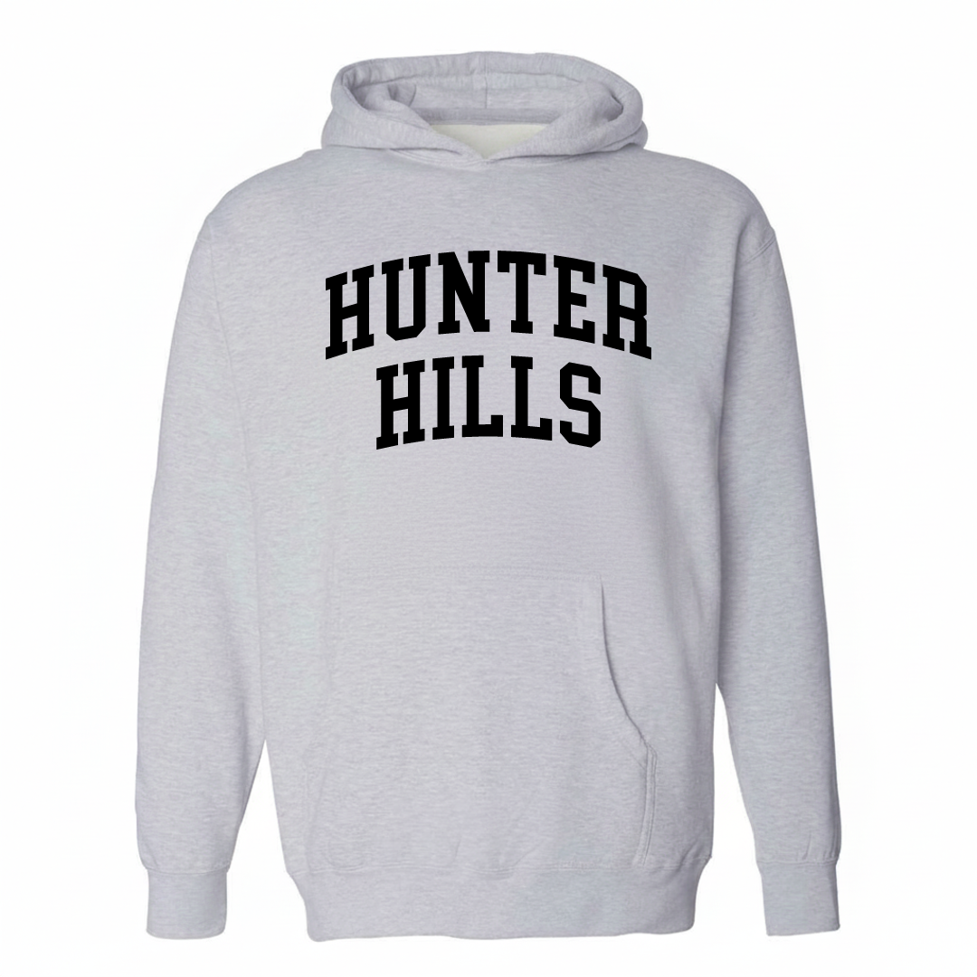 Heather-gray hoodie with the Hunter Hills varsity arched lettering design on the chest.