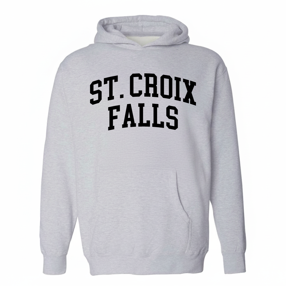 Heather-gray hoodie with the St. Croix Falls varsity arched lettering design on the chest.
