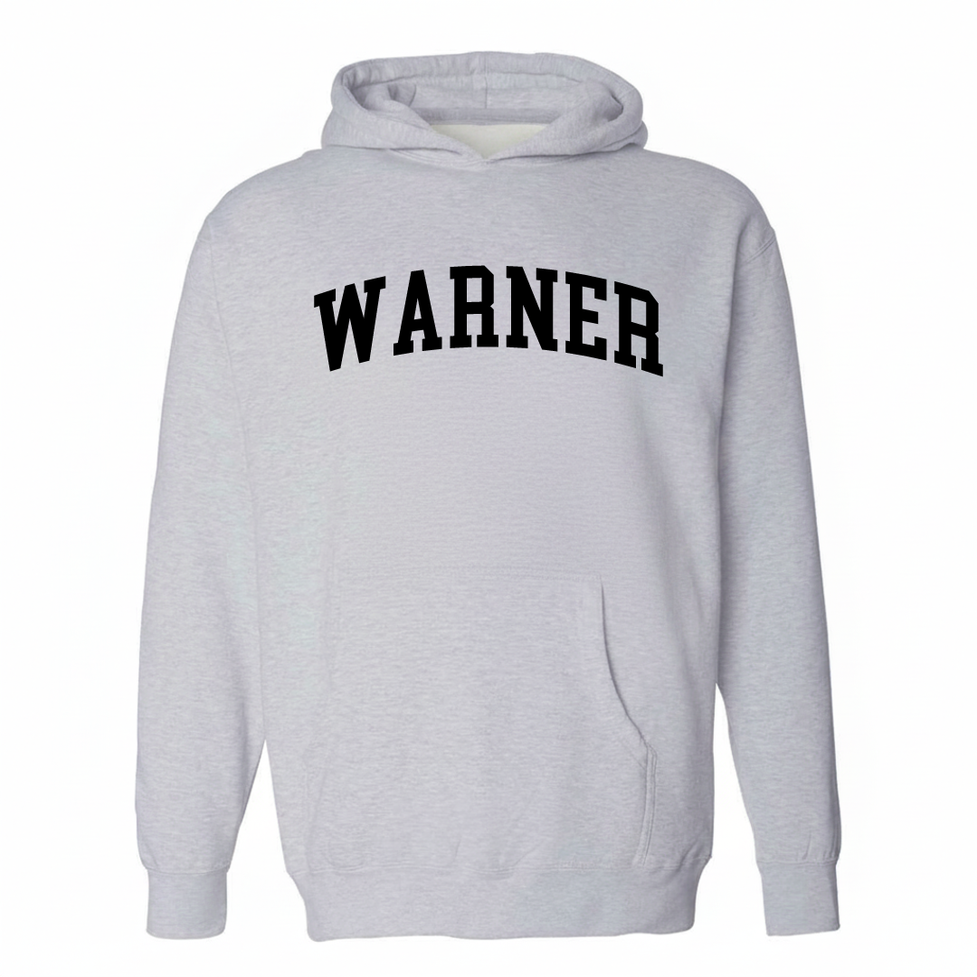 Heather-gray hoodie with the Warner NH varsity arched lettering design on the chest.