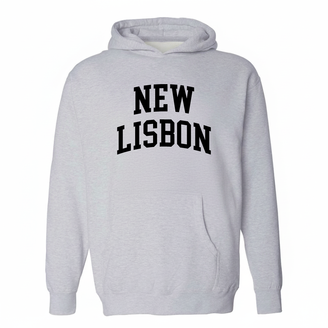 Heather-gray hoodie with the New Lisbon arched lettering varsity-collegiate design on the chest.