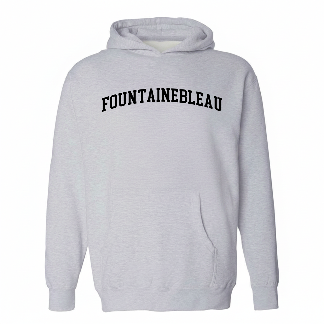 Heather-gray hoodie with the Fontainebleau varsity arched lettering design on the chest.