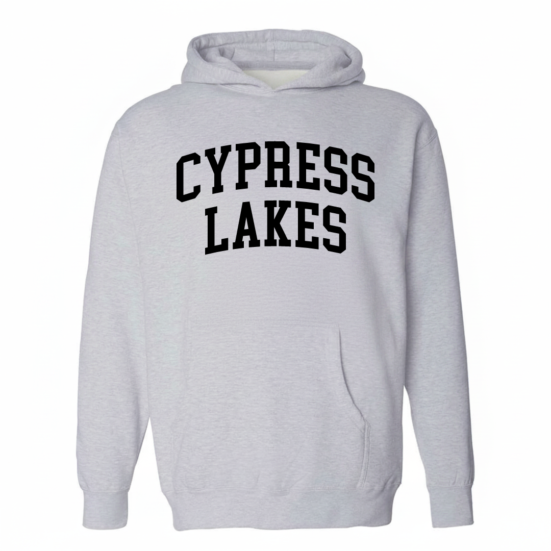 Heather-gray hoodie with the Cypress Lakes varsity arched lettering design on the chest.