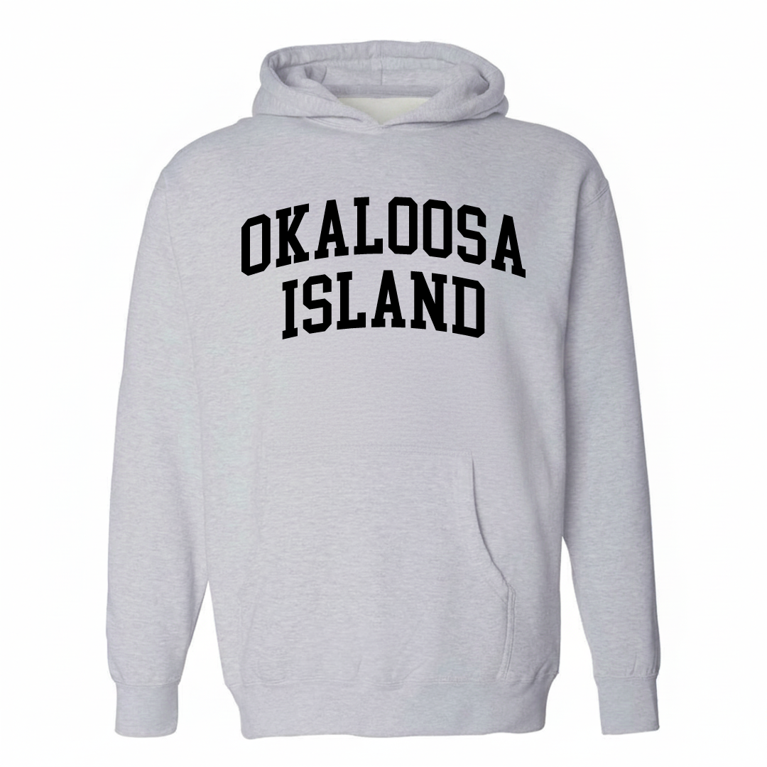 Heather-gray hoodie with the Okaloosa Island varsity arched lettering design on the chest.