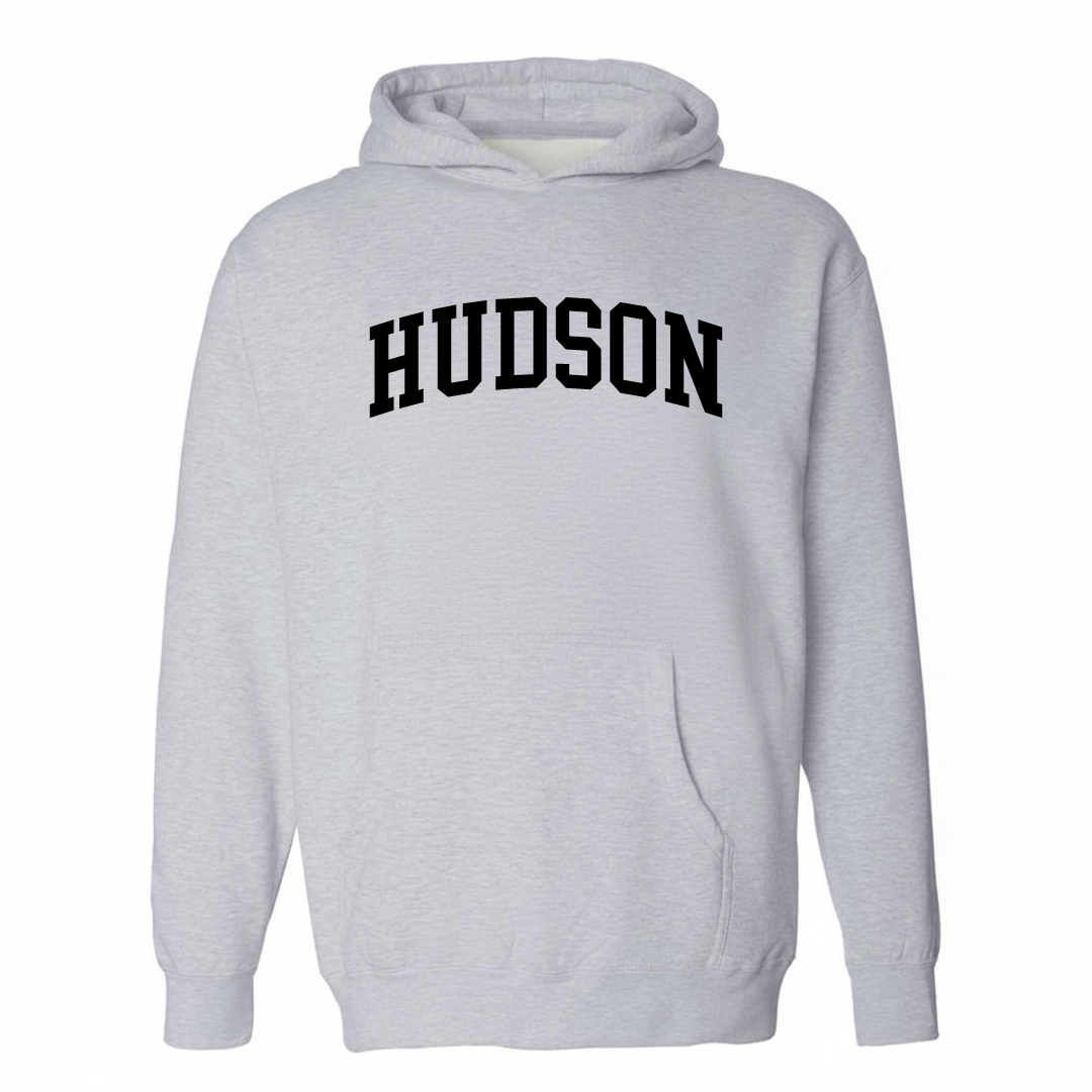 Heather-gray hoodie with the Hudson NH varsity arched lettering design on the chest.