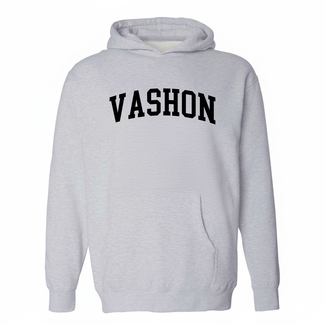 Heather-gray hoodie with the Vashon arched varsity-collegiate lettering design on the chest.