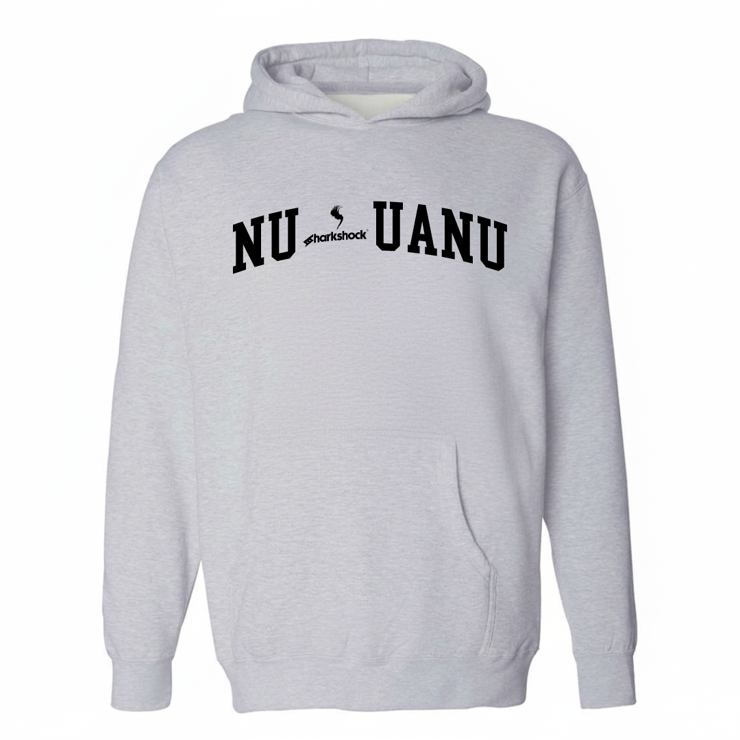 Heather-gray hoodie with the Nuʻuanu varsity arched lettering design on the chest.
