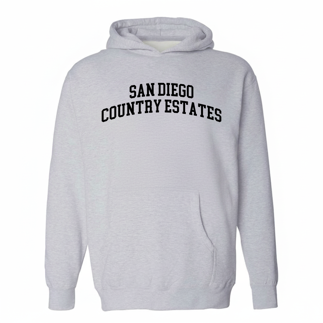 Heather-gray hoodie with the San Diego Country Estates varsity arched lettering design on the chest.