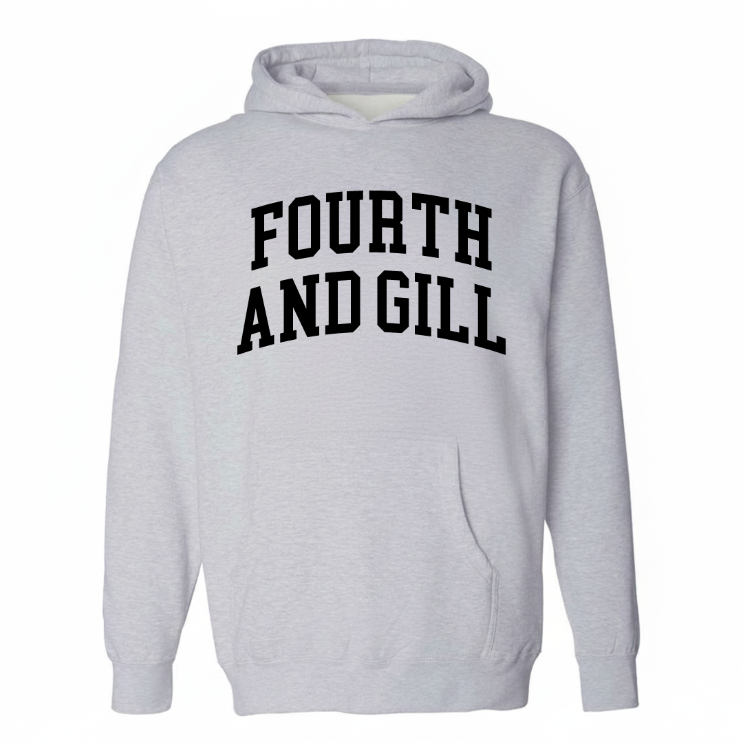 Heather-gray hoodie with the Fourth and Gill varsity arched lettering design on the chest.