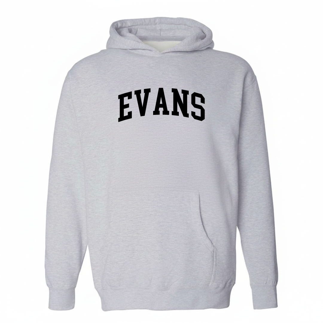 Heather-gray hoodie with the Evans arched varsity lettering design on the chest.