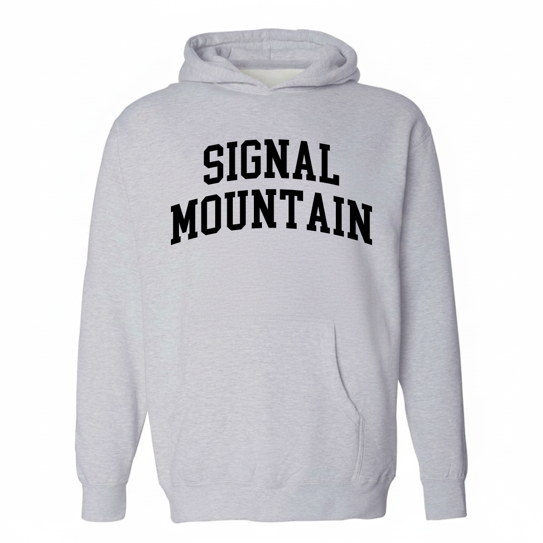 Heather-gray hoodie with the Signal Mountain varsity arched lettering design on the chest.
